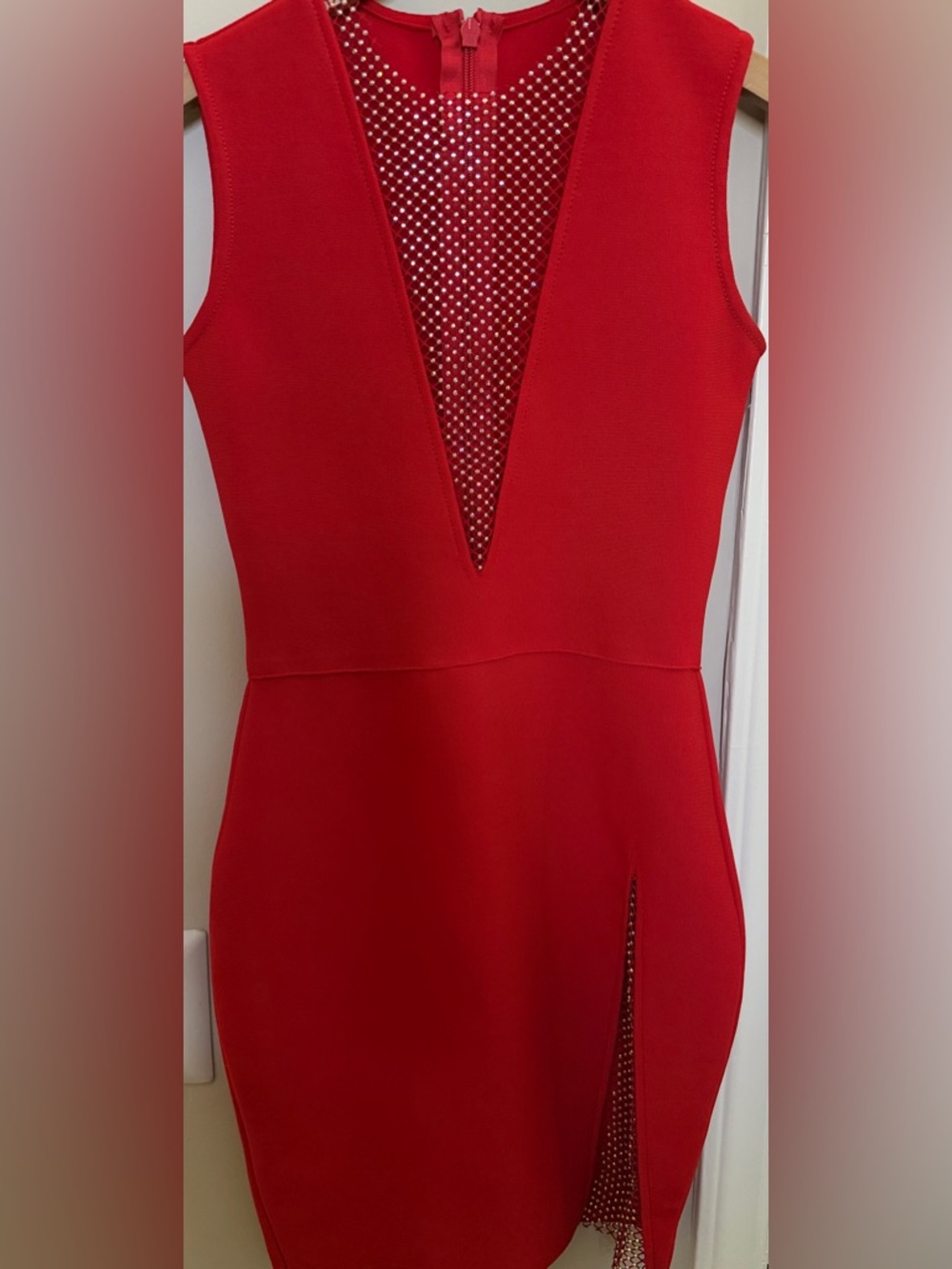 Bandage Rhinestone Sleeveless Red Mini Dress with Mesh V-Neck Accents